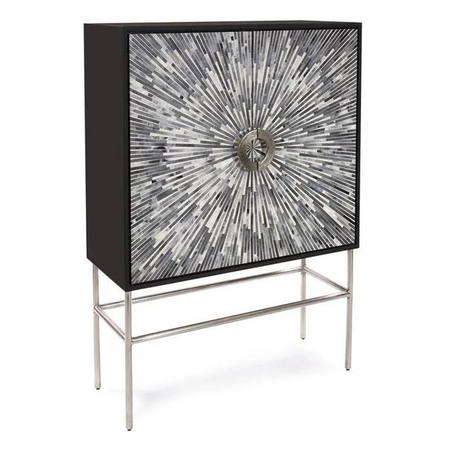 The Aurora Square Bar Cabinet The Aurora Cabinet features a sunburst pattern of inlaid monochrome bone tiles set into a...