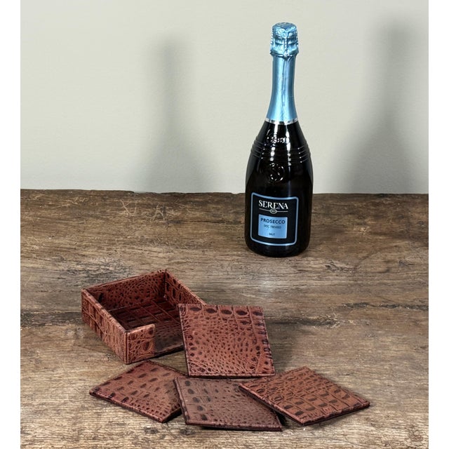 English Restoration Hardware Ostrich Embossed Leather Coaster Set With Holder - Set of 4 For Sale - Image 3 of 6