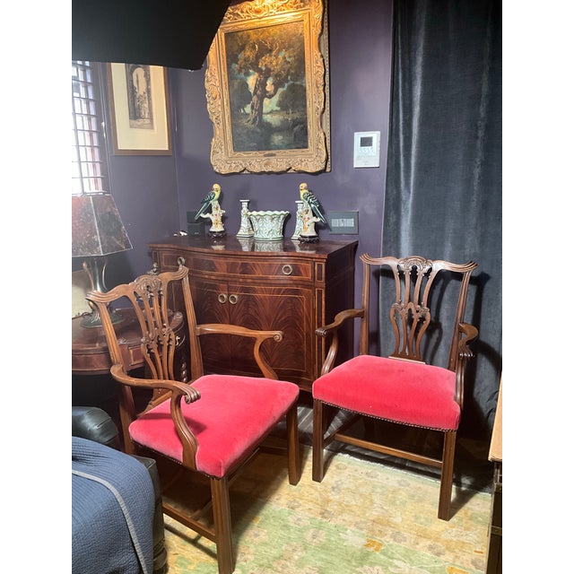 Pair of English Chippendale Style Mahogany Library Armchairs in Crimson Velvet Elegant English styling with richly carved...