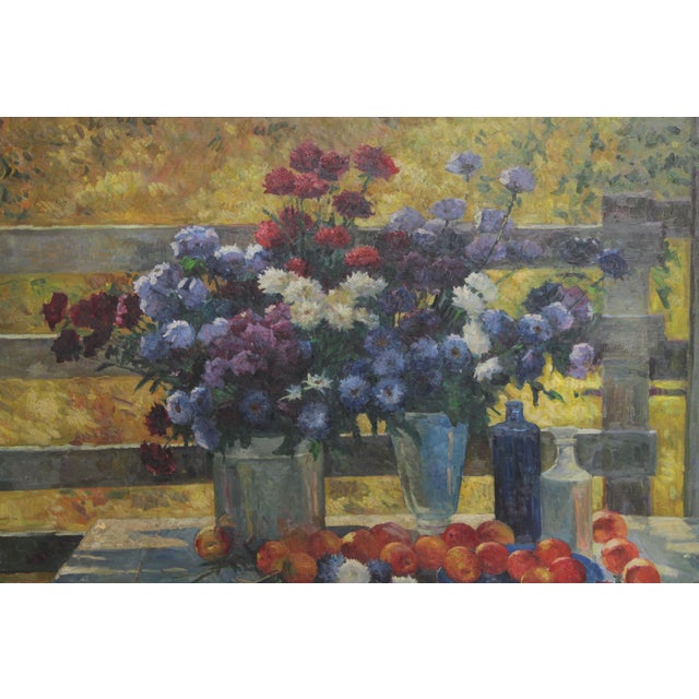 Large Oil on Canvas Still Life Fruit & Flowers For Sale - Image 4 of 14