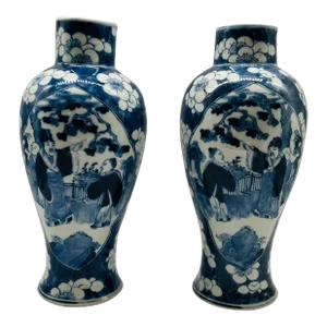 Pair, Antique Chinese Export Blue and White Figural Vases