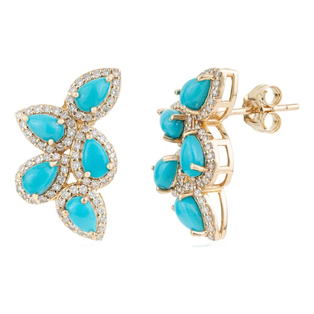 2.29ct Pear Cabochon Turquoise & Diamond Floral Stud Earrings in 14k Gold- A Pair For Sale