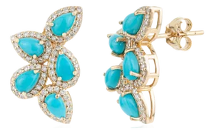 2.29ct Pear Cabochon Turquoise & Diamond Floral Stud Earrings in 14k Gold- A Pair