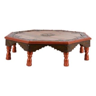 Antique Wooden Indian Coffee Table With Brass Mounts and Painted Trim For Sale