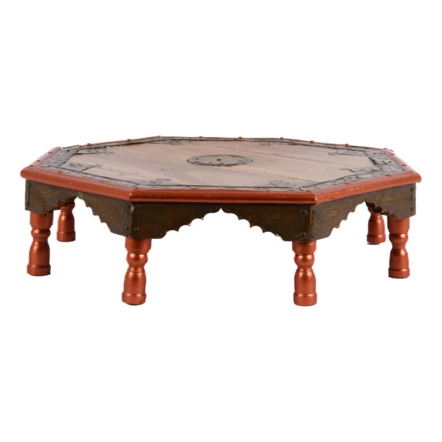 Antique Wooden Indian Coffee Table With Brass Mounts and Painted Trim For Sale