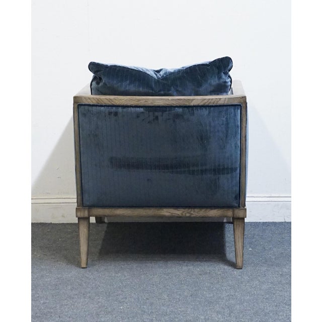 Wood Vanguard Furniture Contemporary Modern Channel Stitched Slate Blue Velvet Upholstered Accent Arm Chair For Sale - Image 7 of 9