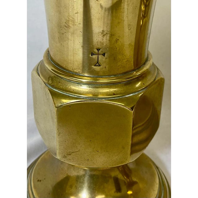 English Vintage Pair of Heavy Brass Church Alter Vases With Hexagonal Bowls From England - Circa 1950’s For Sale - Image 3 of 8