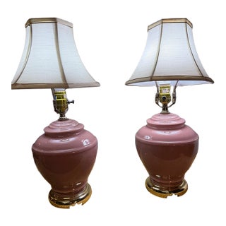 1980’s Pretty in Pink Glass Ginger Jar Lamp Pair For Sale