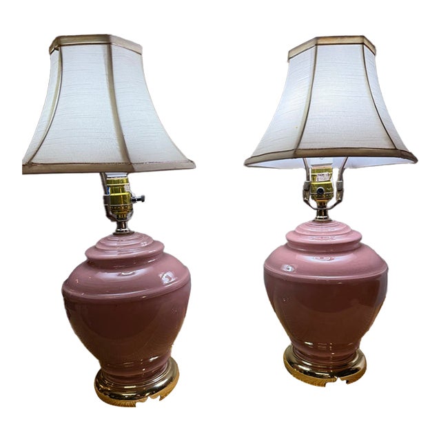 1980’s Pretty in Pink Glass Ginger Jar Lamp Pair For Sale