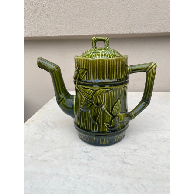 Ceramic 19th Century French Green Majolica Bamboo Teapot Salins For Sale - Image 7 of 9