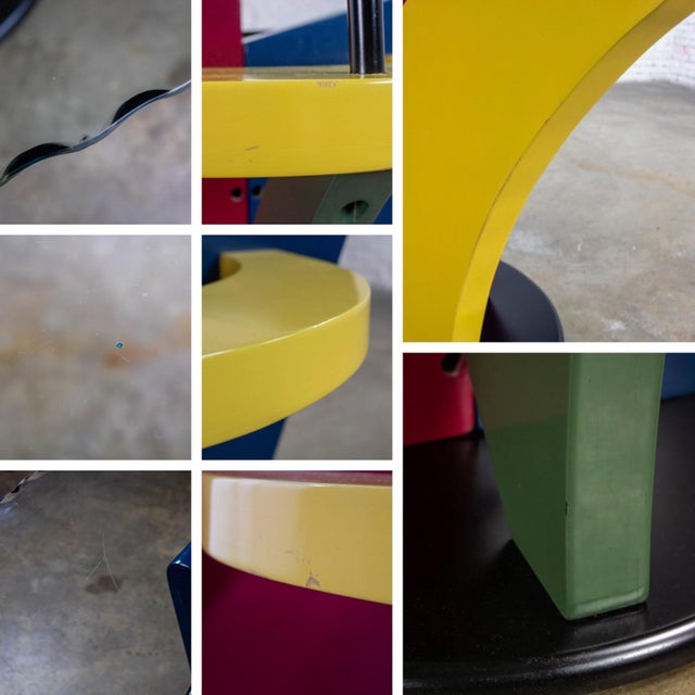 Late 20th Century Postmodern Dining Table Geometrical Pedestal Base & Round Scalloped Glass Top Style of Memphis Group For Sale - Image 15 of 18