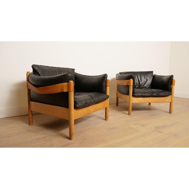 1960s Danish Oak and Leather Lounge Chairs, 1960s, Set of 2 For Sale - Image 5 of 15