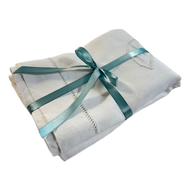 Vintage French Cotton Pillowcase  MG Monogram, Fine Hemstitch Detail, Button Back, circa 1910 For Sale