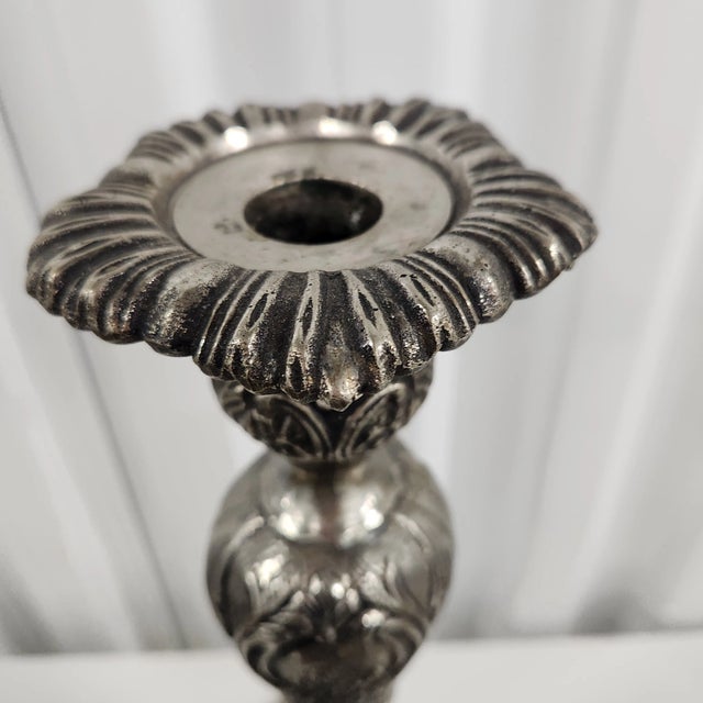 Vintage Silverplate Candlestick With Embossed Floral Motifs · Made in India For Sale - Image 4 of 9