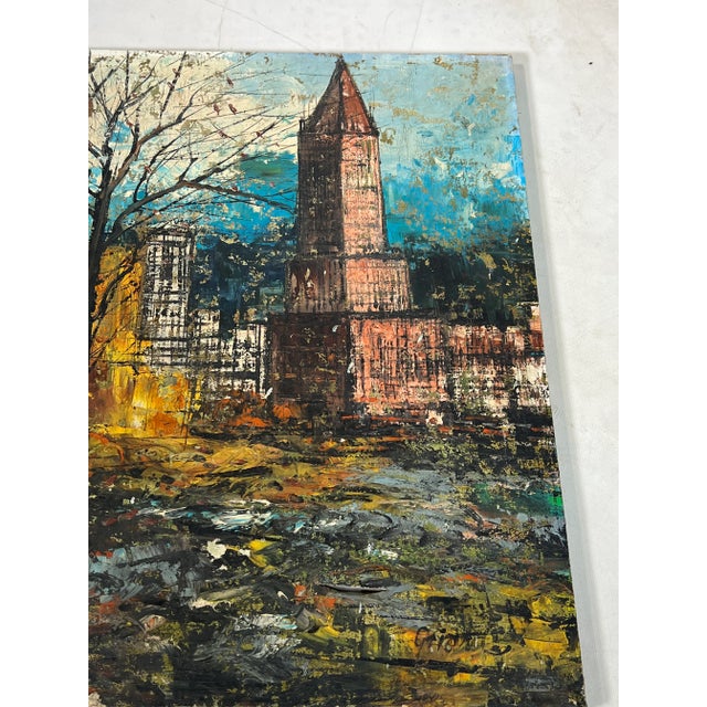 1960s Vintage Abstract City Scape Oil on Canvas For Sale - Image 5 of 12