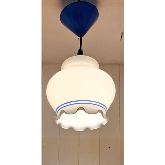 1990s Vintage Pendant Lamp with White and Blue Glass Shade, 1990s For Sale - Image 5 of 7