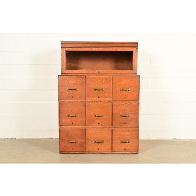 Antique Mission Oak Arts & Crafts 9-Drawer File Cabinet With Barrister Bookcase, Circa 1900 For Sale - Image 17 of 17
