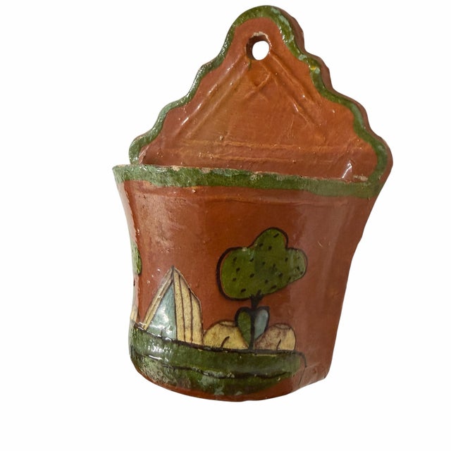 Farmhouse Vintage Hand Painted Landscape Scene Spainish Terra Cotta Wall Pocket For Sale - Image 3 of 6