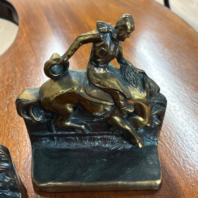 Rustic 1940’s Dodge Bucking Broncos Cowboy Bronze Bookends For Sale - Image 3 of 5