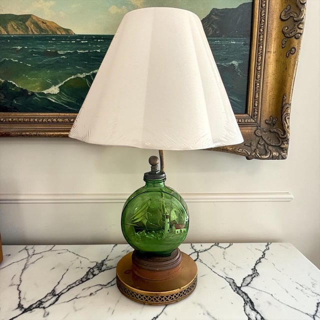 Vintage Nautical Ship in a Bottle Table Lamp With Green Glass Maritime Diorama For Sale In Los Angeles - Image 6 of 10