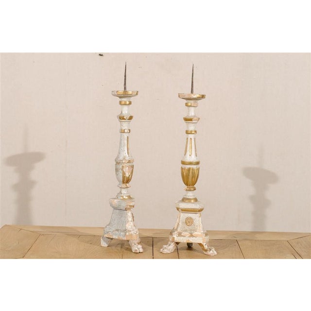 19th Century A Pair of Italian 19th Century Painted and Gilded Candlesticks on Tripod Feet For Sale - Image 5 of 8