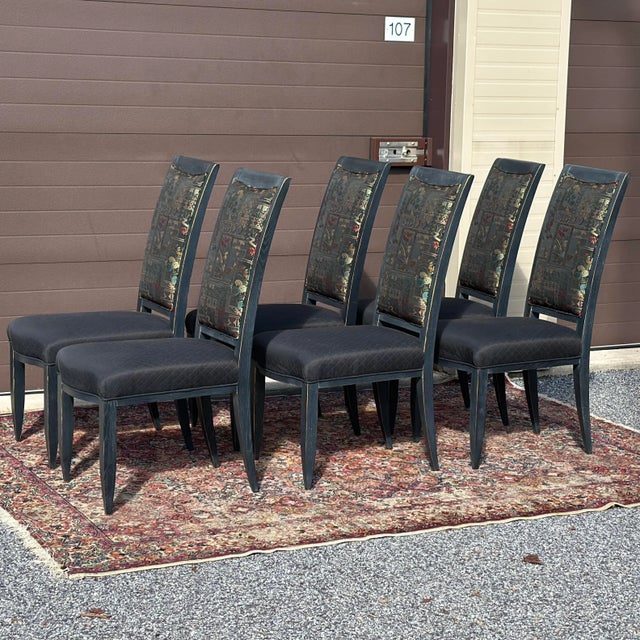 Beautiful set of six dining chairs by Swaim featuring slate gray finished frames and upholstered backs and seats. Signed...