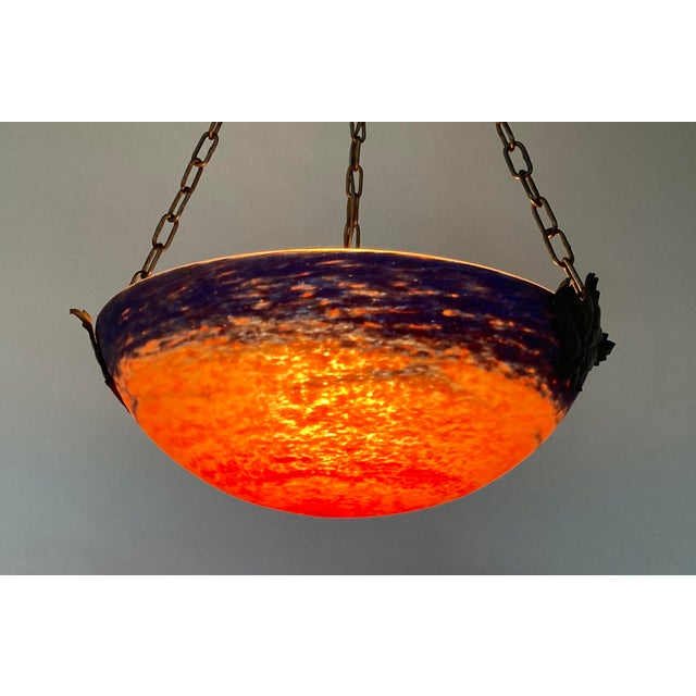 French Antique French Lighting Bowl Chandelier With Sunset Colors, Reds & Blues, Ca. 1915 For Sale - Image 3 of 6