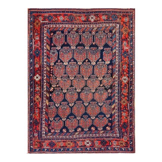 1930s Blue Navy Geometric Tribal Antique Persian Afshar Rug 4' 5" X 5' 10" Handknotted Wool Carpet For Sale