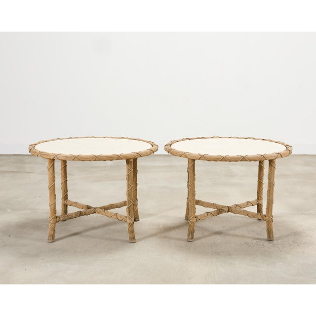 Contemporary Pair of Danny Ho Fong Organic Modern Rattan Marble Tables For Sale - Image 3 of 18