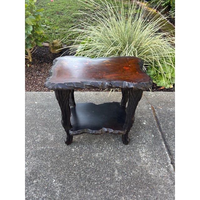 Chinoiserie Pair of Mid Century Japonisme Ebonized Scultural Lacquer Side Tables For Sale - Image 3 of 12