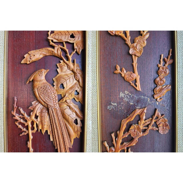 1950s Chinoiserie Hand Carved Birds and Botanical on Rosewood Panels - Set of 2 For Sale In Miami - Image 6 of 11