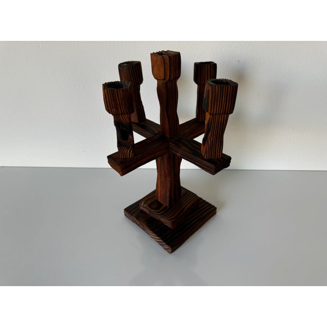 Brown Vintage Hand Carved Wood Five Arms Candelabra For Sale - Image 8 of 9