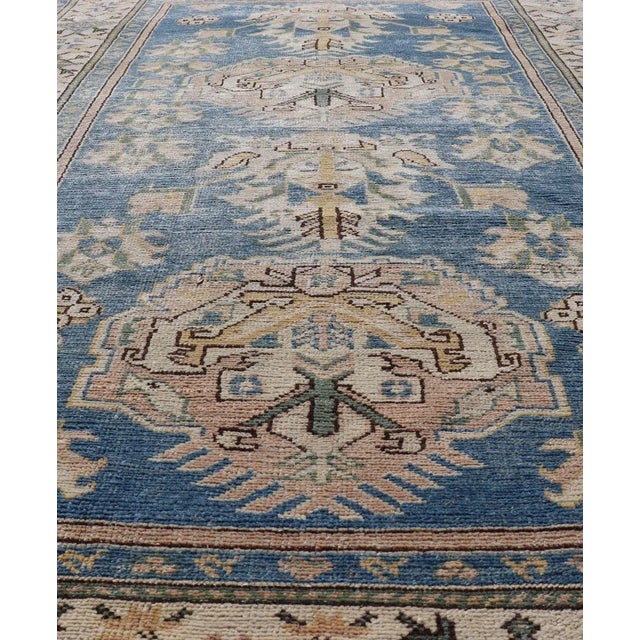 Tribal Vintage Turkish Oushak Rug With Large Medallion Design on a Blue Field 4'8 X 7'2 For Sale - Image 3 of 10