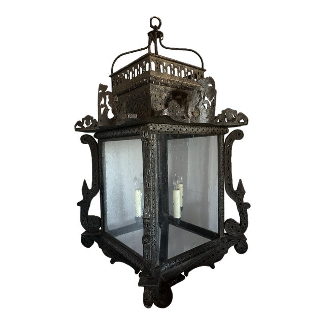 Antique Gothic Medieval Spanish Revival Pierced Metal Electric Lantern For Sale