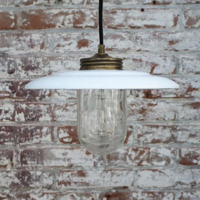 Vintage White Enamel and Clear Glass Pendant Light For Sale - Image 5 of 6