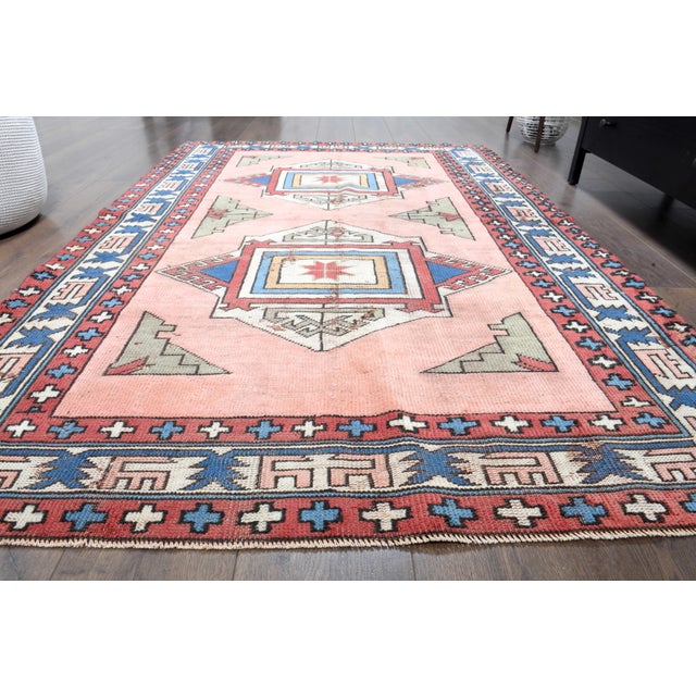 Textile 1970s Vintage Handmade Wool Cotton Pink Area Rug For Sale - Image 7 of 11