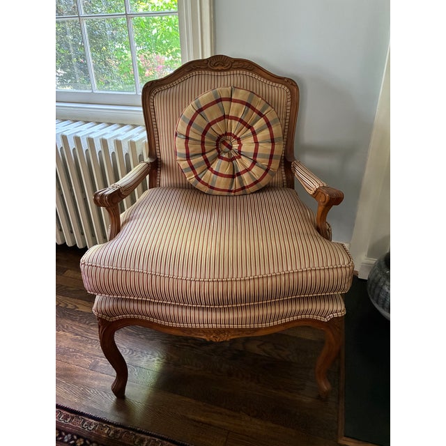 Pair of Vanguard French arm chairs purchased from Washington DC's premiere Design Center. Vintage pine, Kravet fabric in a...