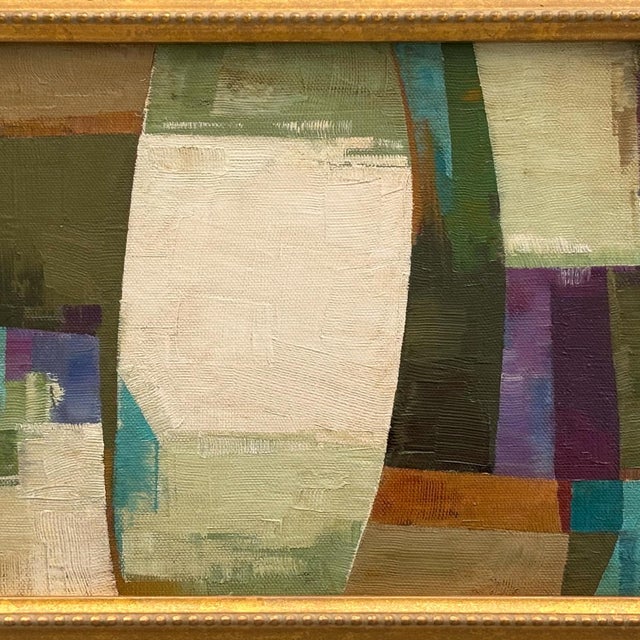 Mid-Century Modern Contemporary Abstract Olive Green Oil Painting in Vintage Gold Frame For Sale - Image 3 of 6