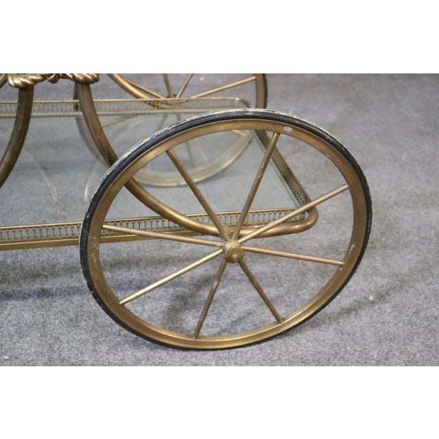 Hollywood Regency Hollywood Regency Gold Leaf Gilded Metal Italian Tea Trolley Liquor Cart For Sale - Image 3 of 12