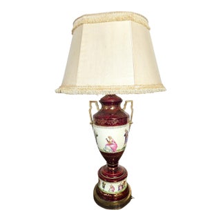 Vintage Fragonard-Style Porcelain Urn Lamp in Burgundy & Gold Gilt For Sale