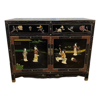 Vintage Chinese Asian Black Lacquer Cabinet Side Entry Table W Stone Onlay For Sale