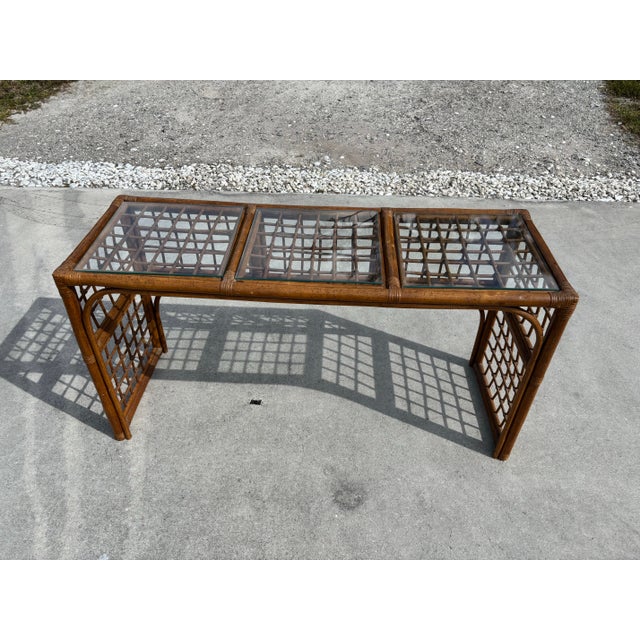 Wood 1970s Boho Chic Brown Lattice Rattan Rectangular Sofa Console Table With Glass Top For Sale - Image 7 of 12