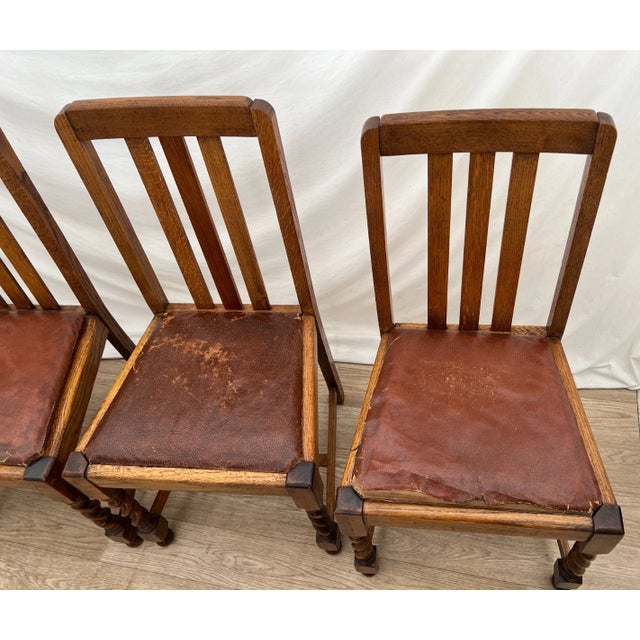 Brown Antique Chairs Set of Four, Barley Twist Legs, Solid Oak, Brown Vinyl Seats For Sale - Image 8 of 13