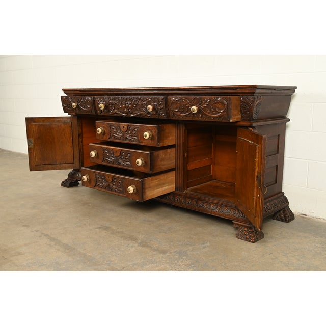 Late 19th Century R. J. Horner Style Antique Victorian Renaissance Revival Carved Oak Sideboard Credenza or Bar Cabinet, Circa 1890s For Sale - Image 5 of 12