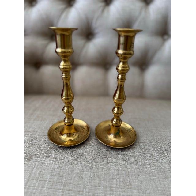Late 20th Century Solid Brass Candlestick Holders - Set of 2 For Sale In New York - Image 6 of 11