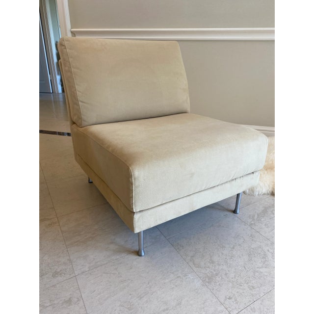 Fabulous Natuzzi Upholstered Slipper Chair, covered in a fine Desert Tan Ultrasuede. Great clean lines. Modern brushed...
