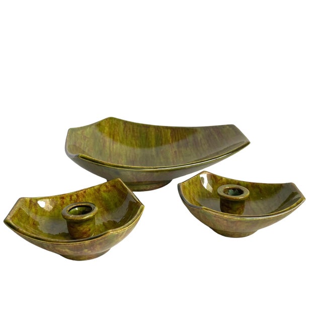 Mid Century 1960s Centerpiece Bowl and Candle Holders Avocado Glaze Ceramic Set of 3 For Sale - Image 10 of 10