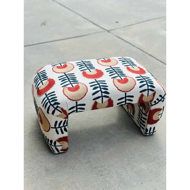 Ivory Vintage Waterfall Bench Reupholstered in Designer Fabric For Sale - Image 8 of 11