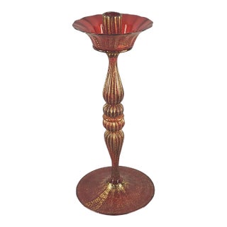 Mid 20th Century Att. Murano Venetian Ruby Red Gold Fleck Cranberry Art Glass Candlestick with Removable Candle Drip For Sale