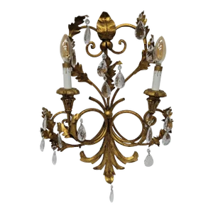Vintage 1900s Italian Hollywood Regency Crystal Prisms Wall Sconce 2 Arm Lamp Holder Florentine Gold Gilt Candle Light
